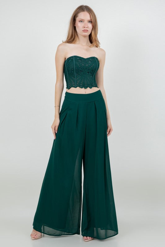CROCHET CROP TOP WITH CHIFFON WIDE LEG PANTS SET