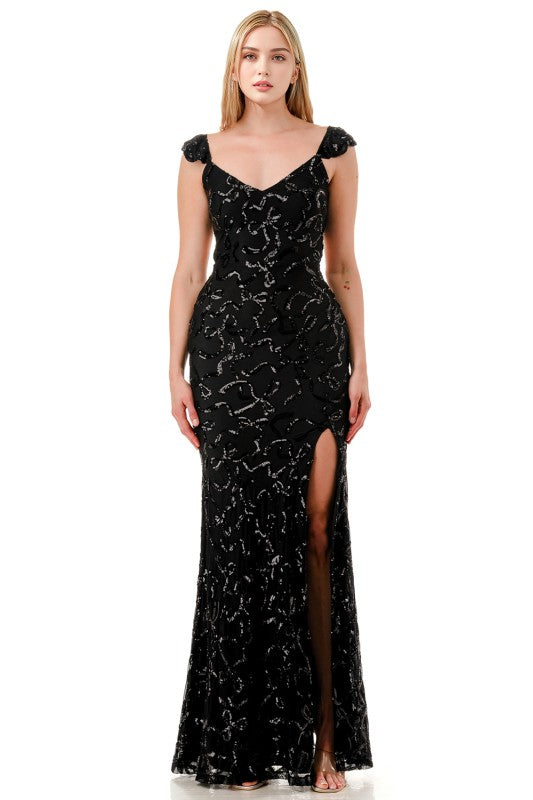 SEQUIN RIBBON RUFFLED MERMAID MAXI COCKTAIL DRESS