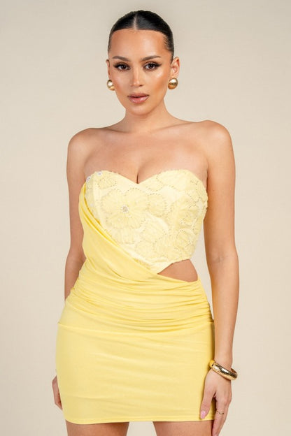 STRAPLESS MINI PARTY DRESS WITH DRAPING