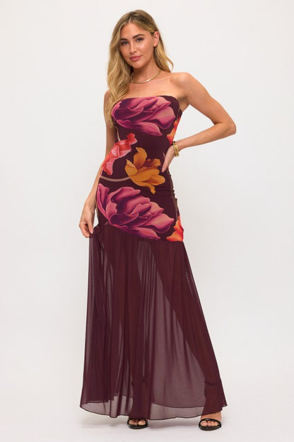 FLORAL MESH BUTTON FIT&FLARE MAXI SUMMER DRESS