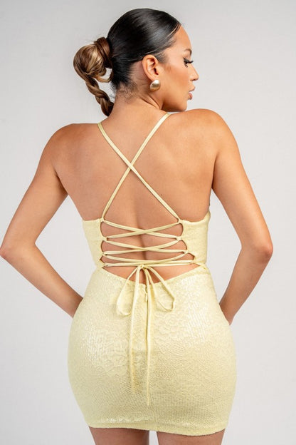 DEEP PLUNGE NECK LACE UP BACK MINI DRESS