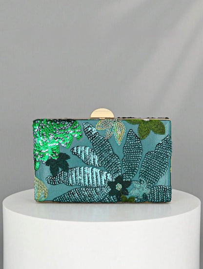 SEQUIN EMBROIDERED FLORAL CLUTCH BAG