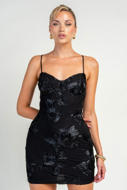 3D FLORAL MESH CORSET TOP BODYCON MINI PARTY DRESS