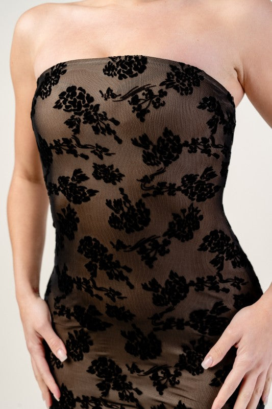 MESH VLEVET FLOCKING MIDI DRESS