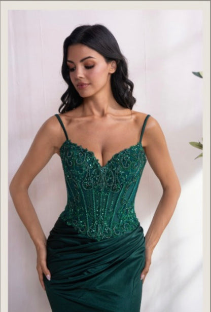 APPLIQUÉ BEADED BODY WITH LACE UP BACK SATIN SKIRT MAXI COCKTAIL DRESS