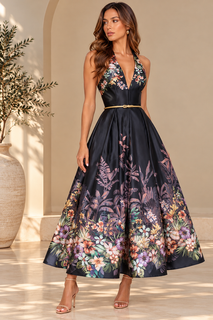 TROPICAL FLORAL HALTER BELTED MAXI DRESS