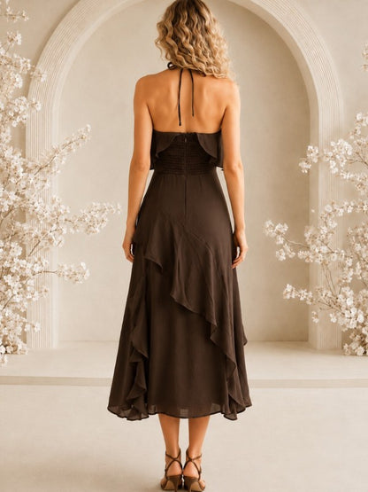 HALTER NECK RUFFLE MIDI DRESS
