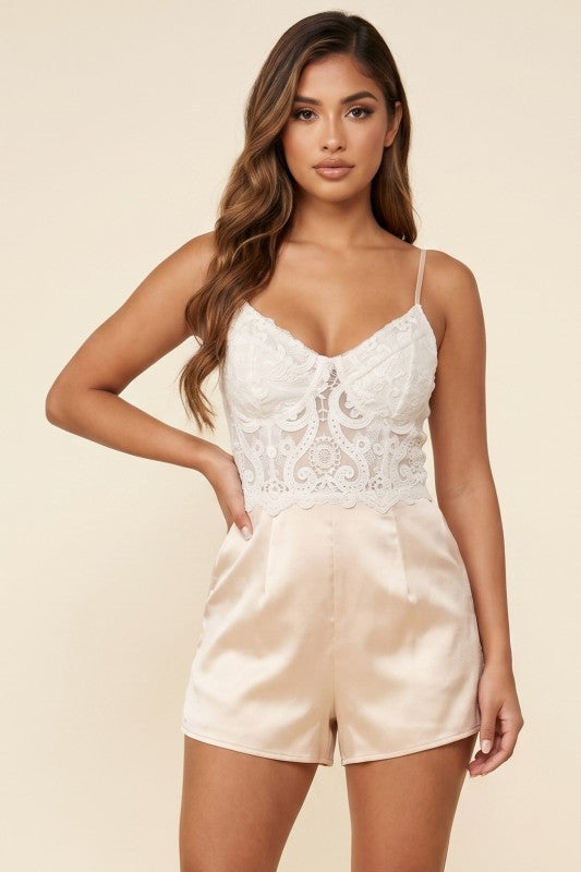 LACE CONTRAST SATIN SHORTS ROMPER
