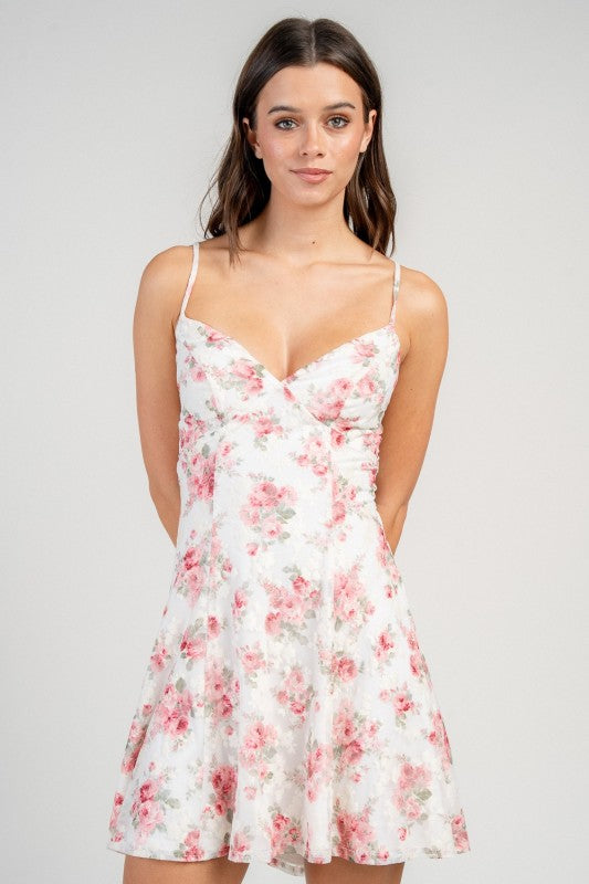 FIT AND FLARE MINI PRINTED DRESS WITH LACE UP BACK