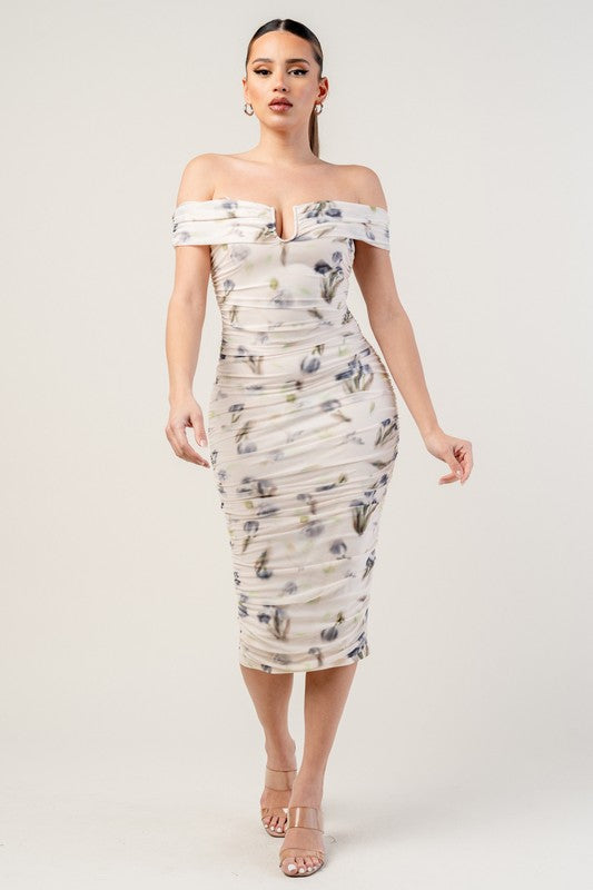 MESH FLORAL OFF SHOULDER MIDI DRESS