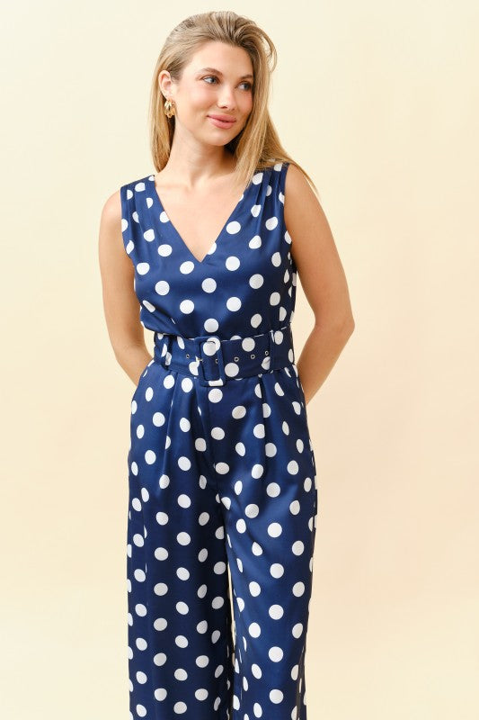 SLEEVELESS POLKA DOT BELTED WIDE LEG JUMPSUIT
