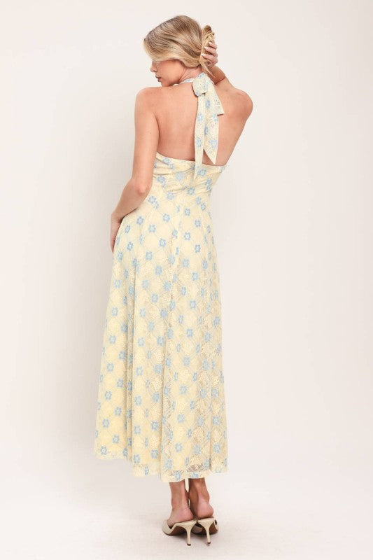 WOVEN LACE PRINTED MIDI SUMMER DRESS
