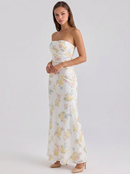 PRINTED JACQUARD PLEATED BODICE DETAIL MERMAID MAXI DRESS
