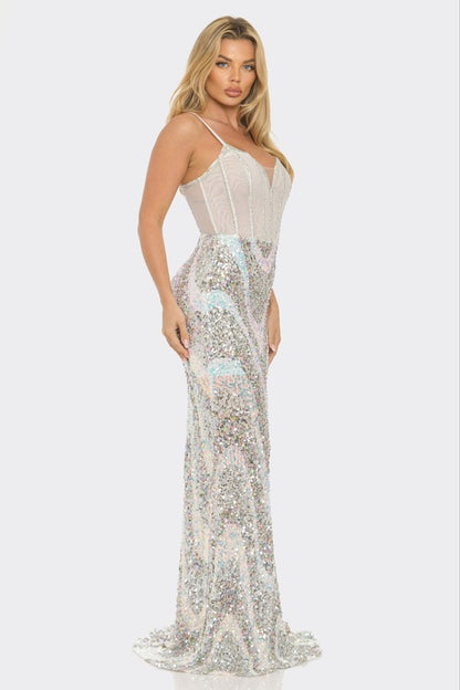 SEQUIN MESH CONTRAST MAXI Cocktail  DRESS