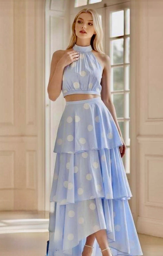 POLKA DOT HALTER NECK TOP & LAYERED MAXI SKIRT SET