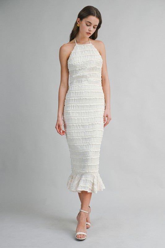 SMOCKED TIERED HALTER BODICE MIDI DRESS