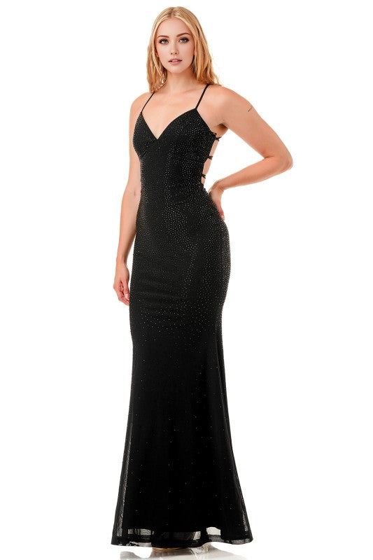 RHINESTONE CROSSED BACK MAXI DRESS