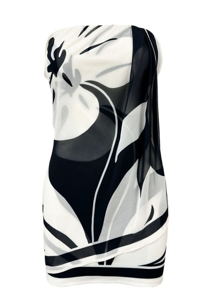 SCARF DETAI STRAPLESS BODYCON PRINTED MINI DRESS