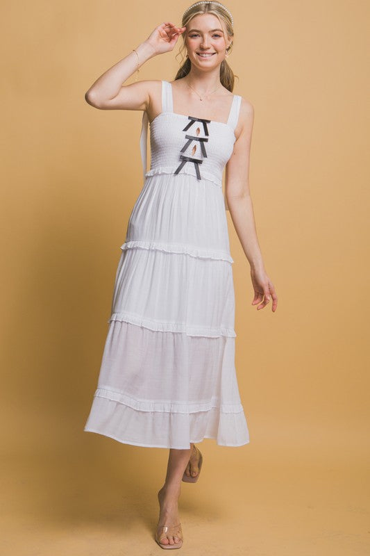 BOW STRAP TIERED MIDI DRESS