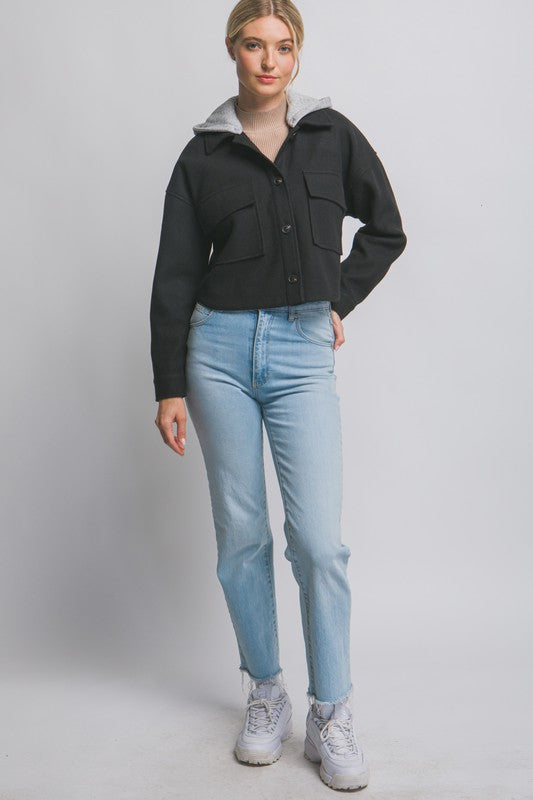 CROPPED FLEECE SHACKET WITH REMOVABLE HOOD