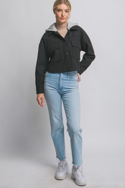 CROPPED FLEECE SHACKET WITH REMOVABLE HOOD