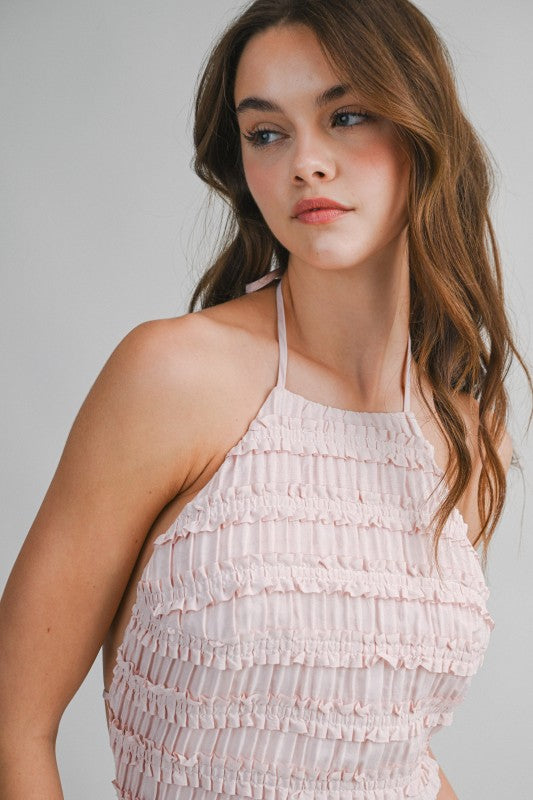 SMOCKED TIERED HALTER BODICE MIDI DRESS