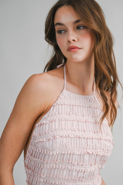 SMOCKED TIERED HALTER BODICE MIDI DRESS