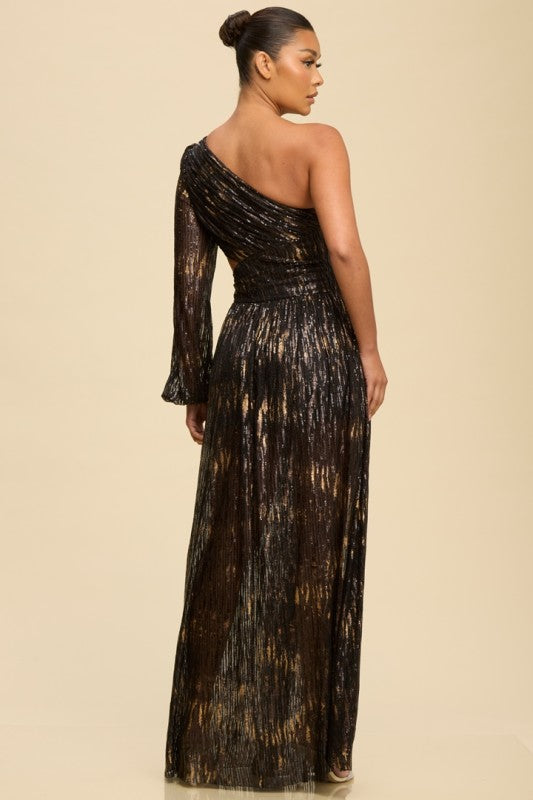 ONE SHOULDER SEQUIN MESH MAXI PARTY DRESS