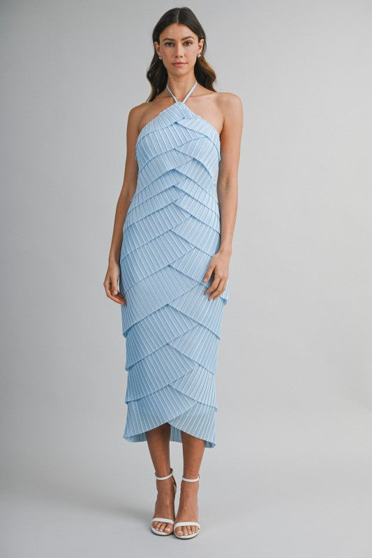 PLEATED HALTER LAYERED DIAGONAL RUFFLE MIDI DRESS
