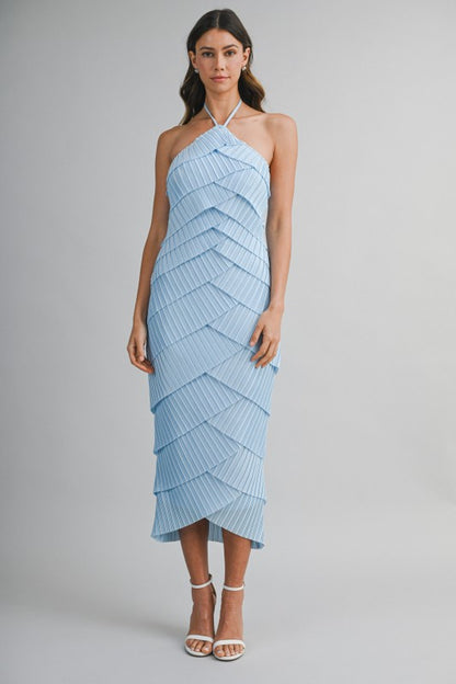 PLEATED HALTER LAYERED DIAGONAL RUFFLE MIDI DRESS