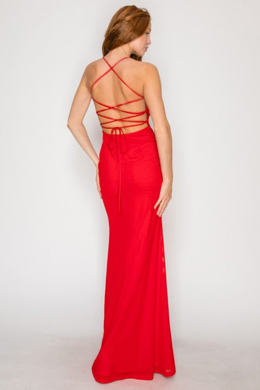 SOLID PREMIUM BODYCON MESH MAXI COCKTAIL DRESS