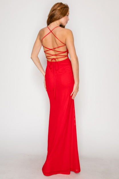 SOLID PREMIUM BODYCON MESH MAXI COCKTAIL DRESS