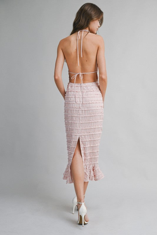 SMOCKED TIERED HALTER BODICE MIDI DRESS