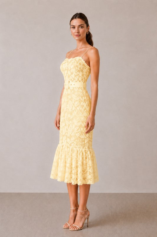 LACE FLOUNCE MIDI DRESS