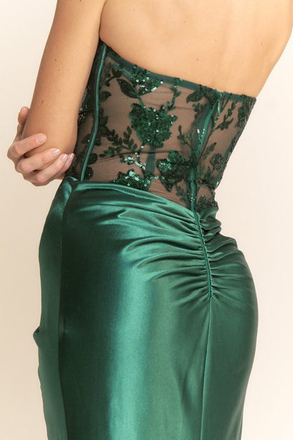 SHEER SEQUIN BODICE MAXI COCKTAIL DRESS