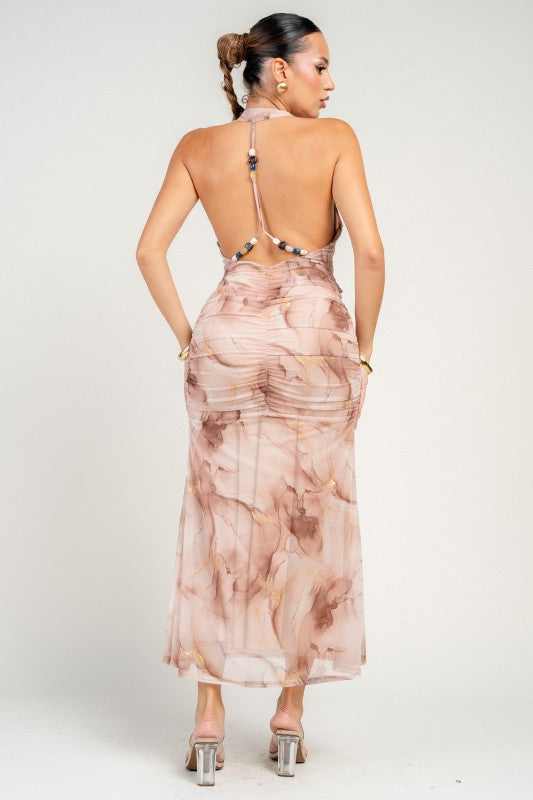 METALLIC MESH PRINT MAXI DRESS W/ A FRONT SASH