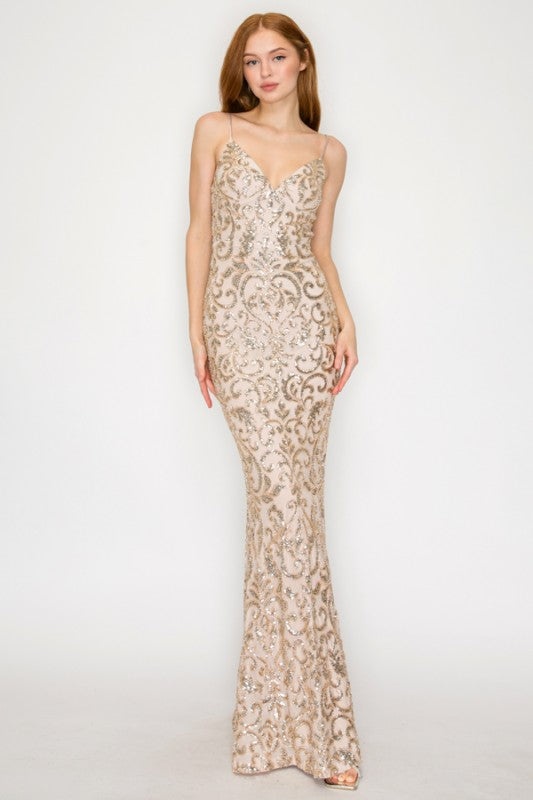 SEQUIN EMBELLISHED CORSET MAXI MERMAID COCKTAIL DRESS