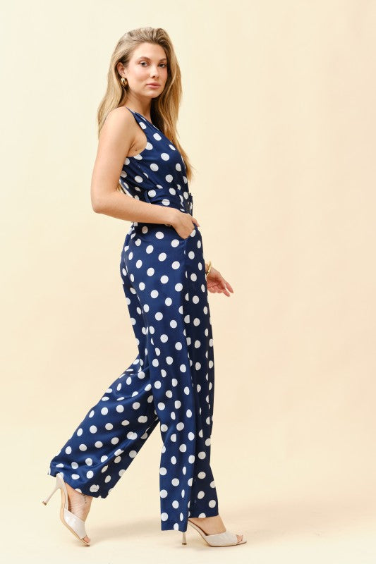 SLEEVELESS POLKA DOT BELTED WIDE LEG JUMPSUIT