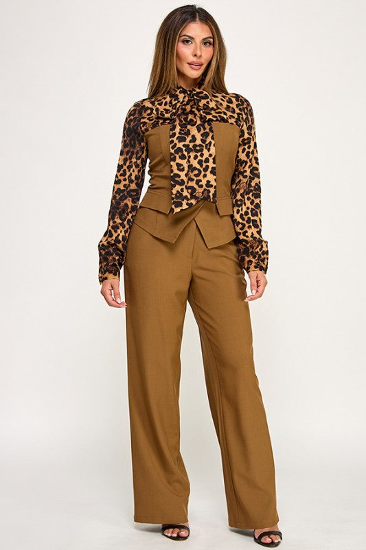 LONG SLEEVE NECK TIE WITH 2 FER DETAIL TOP PANTS SET