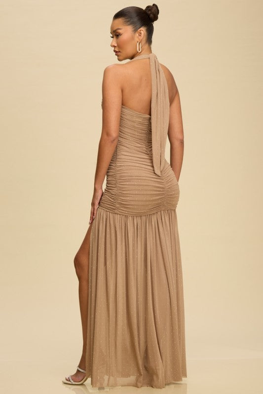 STUDDED RUCHED HALTER MAXI PARTY DRESS