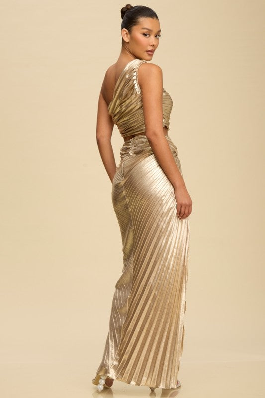 METALLIC PLEATED SKIRT TOP SET