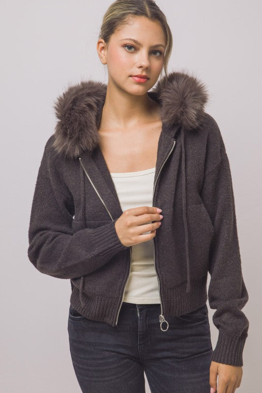 REMOVABLE FAUX FUR TRIM HOODED CARDIGAN