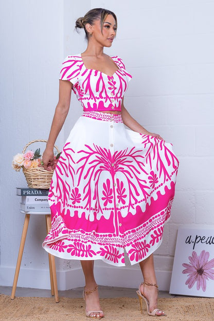 PRINTED SHORT SLEEVES BLOUSE AND MIDI SKIRT SET