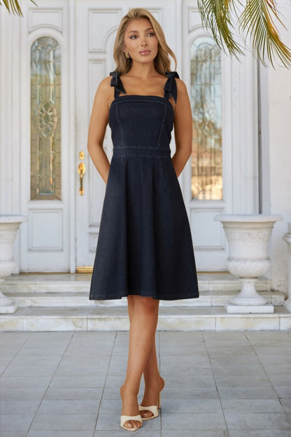 DENIM RIBBON TIE MINI DRESS