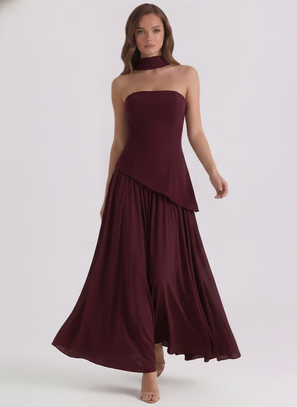 STRAPLESS LACE UP CORSET GATHERED MAXI DRESS WITH SCARF