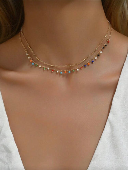 GOLD PLATED COLORFUL BEADED DOUBLE LAYERED NECKLACE