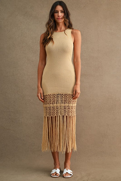 CROCHET FRINGE HEM KNIT MIDI DRESS