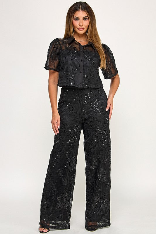 CROP BUTTON DOWN SEQUIN TOP WITH PANTS SET