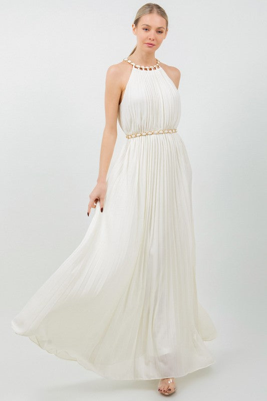 SOLID SLEEVELESS CHAIN HALTER NECK W CHAIN BELT PLEATED MAXI DRESS
