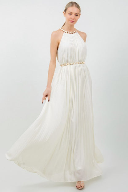 SOLID SLEEVELESS CHAIN HALTER NECK W CHAIN BELT PLEATED MAXI DRESS